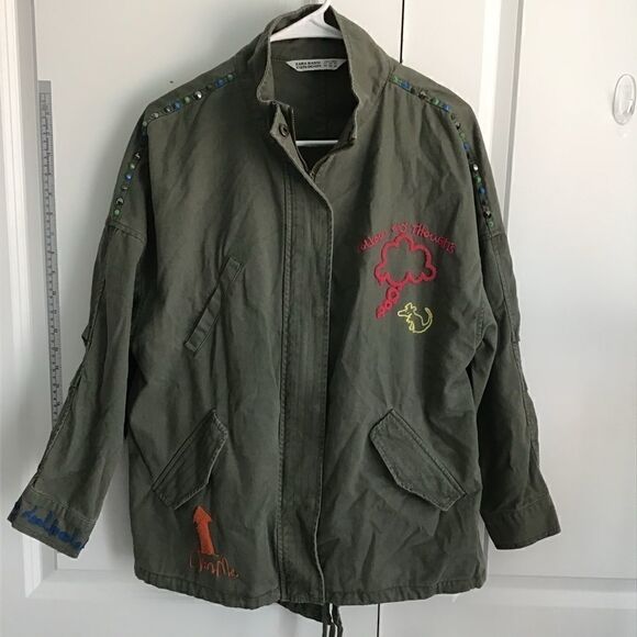Zara Basic Z1975 Olive Green Embroidered Military Jacket XS - Picture 1 of 8